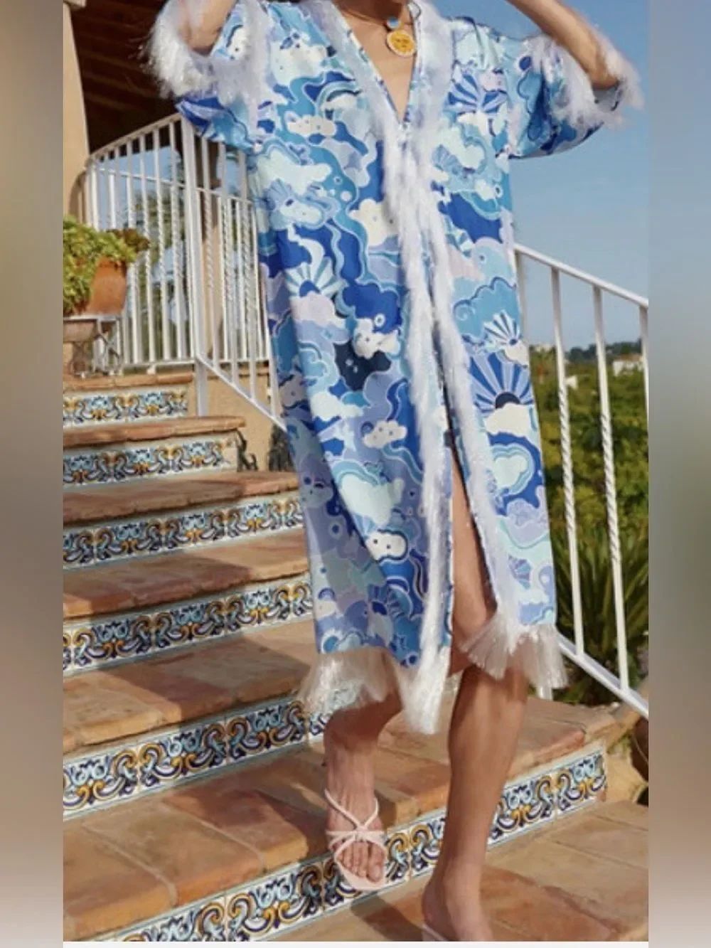 CeliaB Kimono swim coverup fringe Trim Size S-M NWT